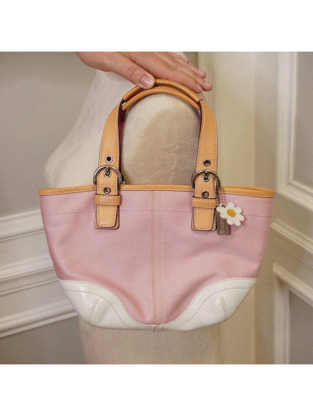 Coach Pink and White Leather Trim Tote Bag with Daisy Charm